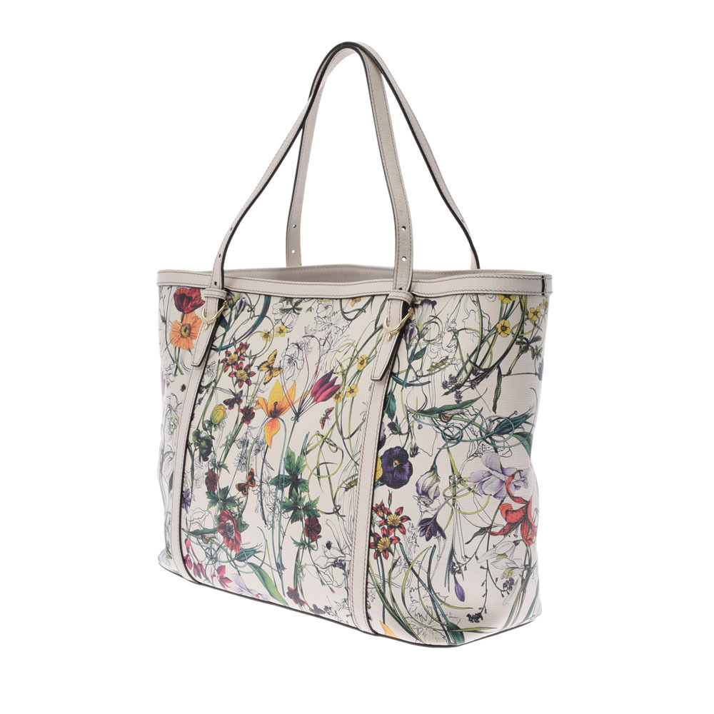 Gucci Leather Tote Bag White Flora Flower